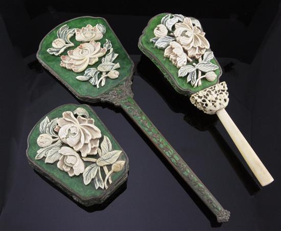 A Chinese enamel on copper and ivory mounted three piece dressing table set,